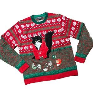 Grumpy Cat Ugly Christmas Sweater Large Broken Ornaments Tuxedo 33Degrees